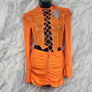 Dolls Kill POSTER GRL Size Small Sheer Mesh Lace-Up Top/Skirt Set